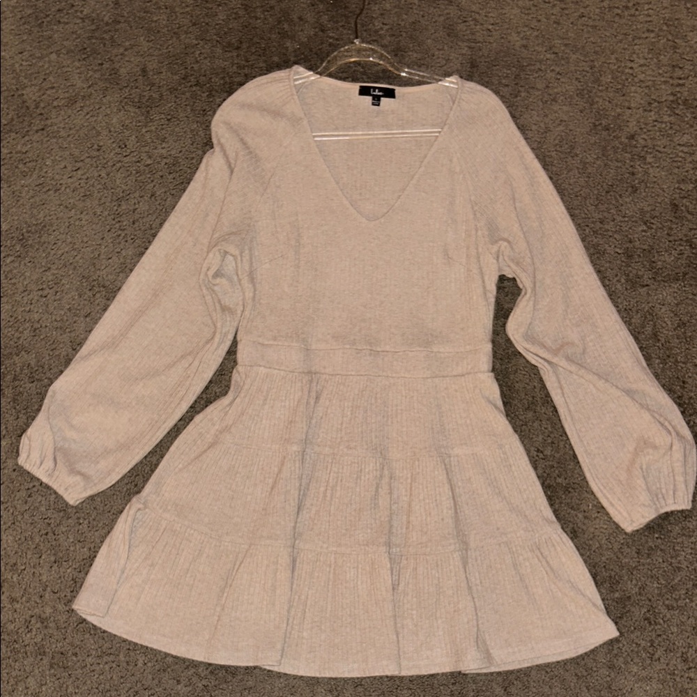 Lulu's Cream V-Neck Long Sleeve Tiered Mini Dress
